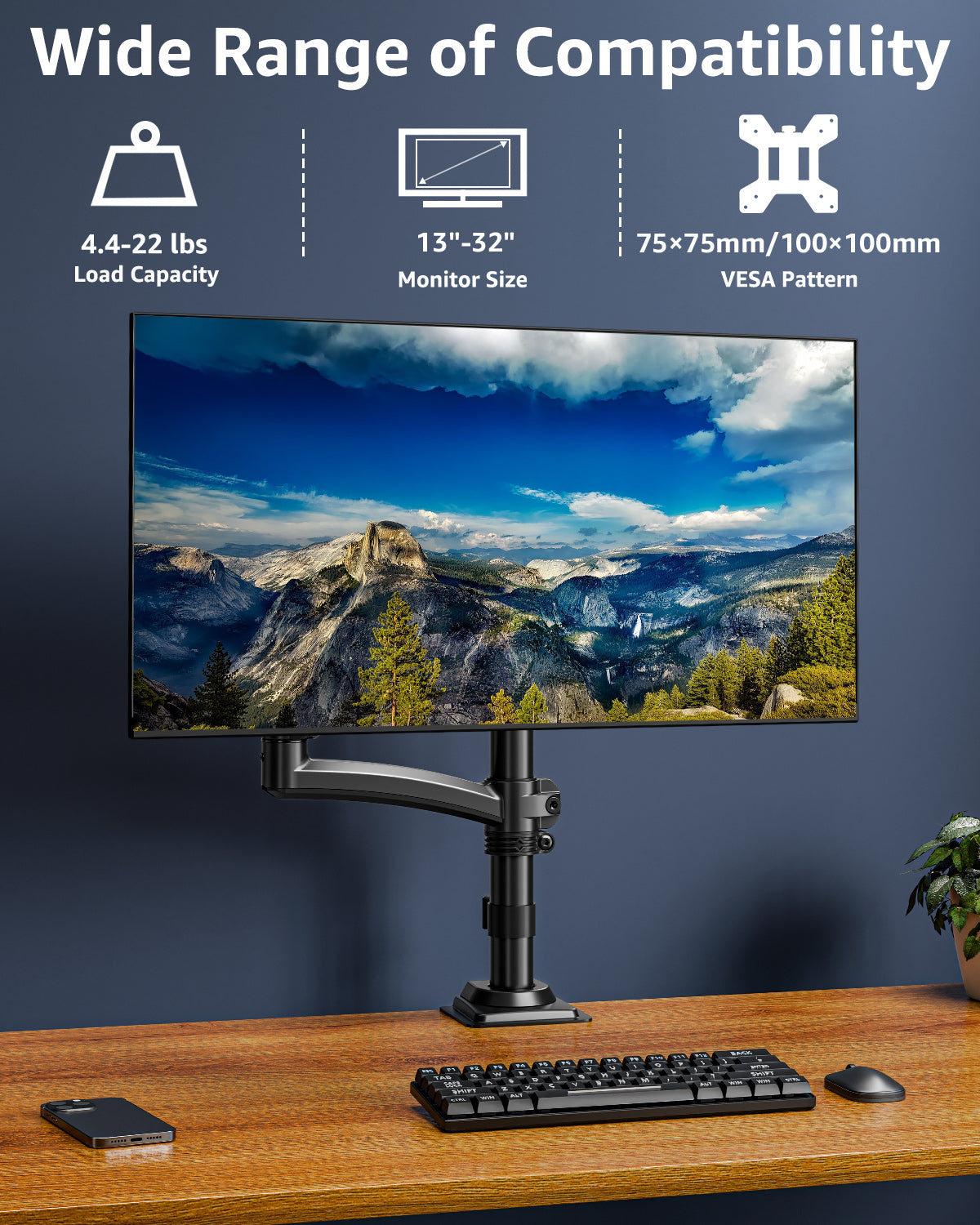 HOMOUNT Single Monitor Arm for 13-32inch,Full-Motion Monitor Mount,Height Adjustable Monitor Stand for Desk,with C-Clamp＆Grommet Base,Holds Max 22lbs