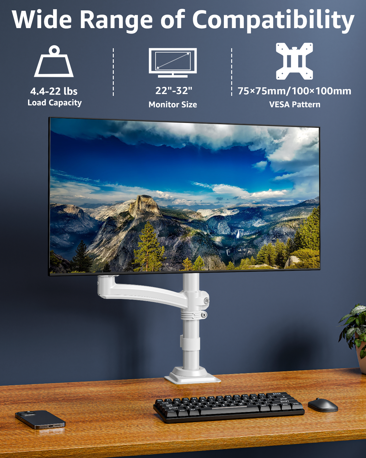 HOMOUNT Single Monitor Arm for 22-32inch, Full-Motion Monitor Mount, Height Adjustable Monitor Stand for Desk, Holds 4.4-22lbs, White