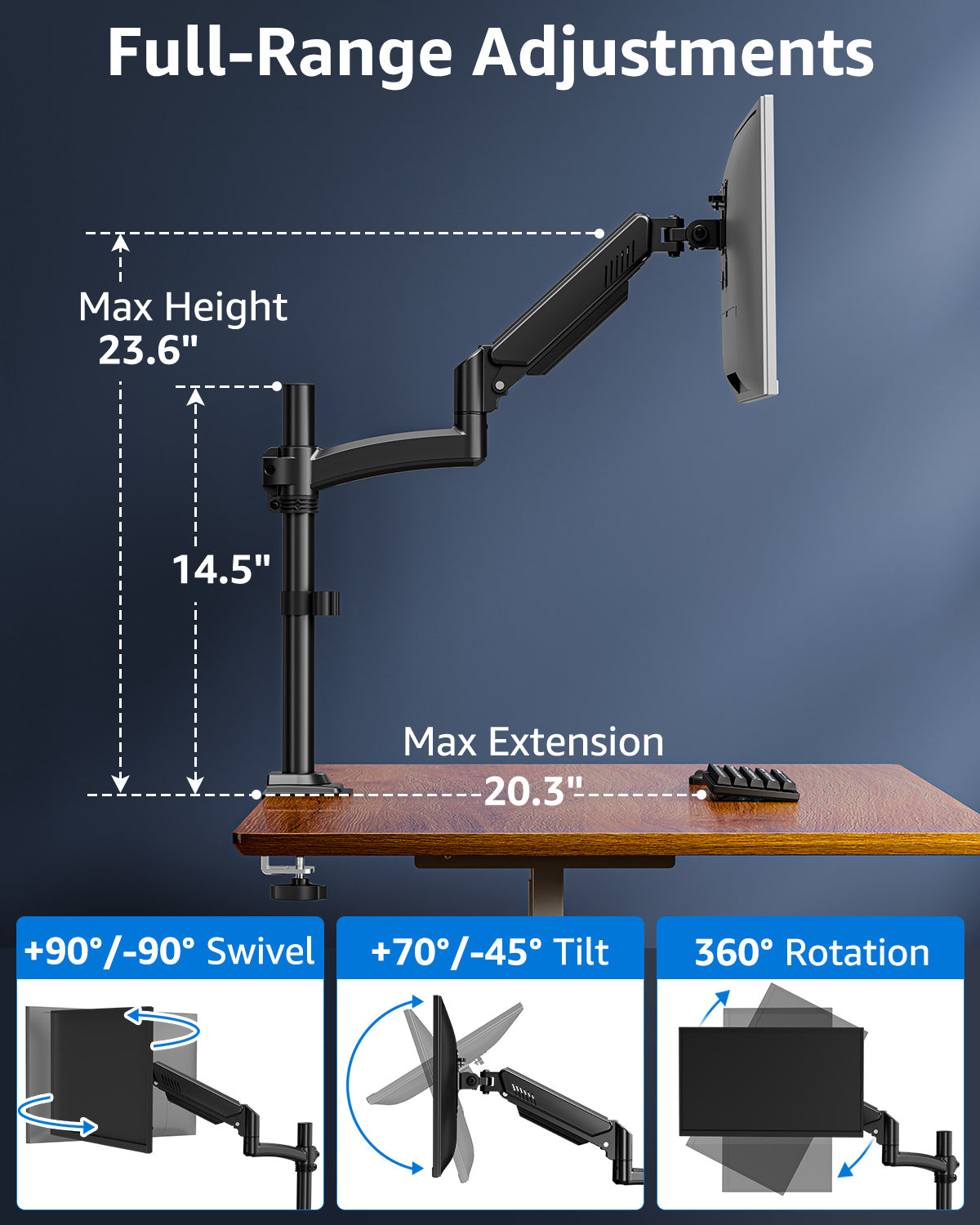 HOMOUNT Single Monitor Arm for 13-32inch,Full-Motion Monitor Mount,Height Adjustable Monitor Stand for Desk,with C-Clamp＆Grommet Base,Holds Max 22lbs