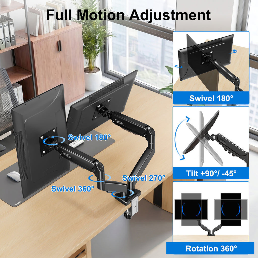 HOMOUNT Dual Monitor Mount Stand for 13-32 inch, Gas Spring Monitor Arm for 2 Monitor, Dual Monitor Desk Mount with Tilt, Swivel, Rotation,Each Arm Holds Max 19.8 lbs