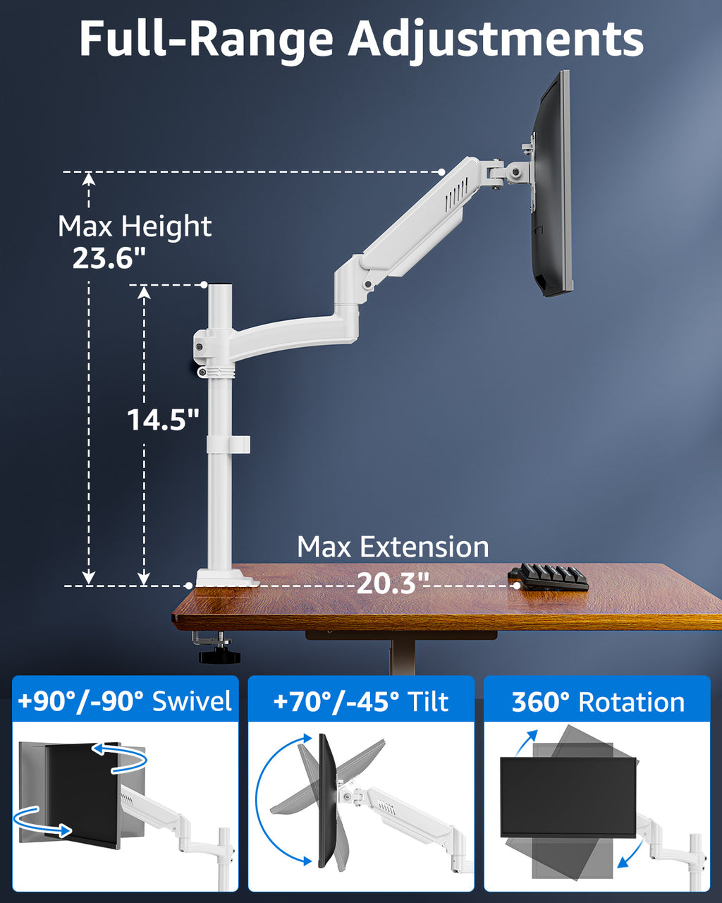 HOMOUNT Single Monitor Arm for 22-32inch, Full-Motion Monitor Mount, Height Adjustable Monitor Stand for Desk, Holds 4.4-22lbs, White