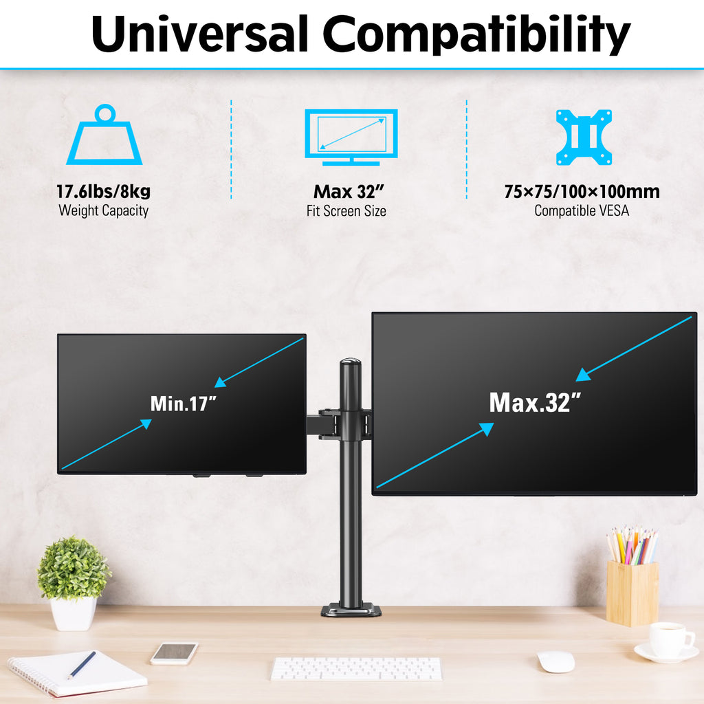 HOMOUNT Dual Monitor Desk Mount for Max 32 Inch, Adjustable Dual Monitor Arm for 2 LCD Screens, Monitor Stand with C-Clamp and Grommet Base, VESA 75x75 /100x100mm, up to 17.6lbs