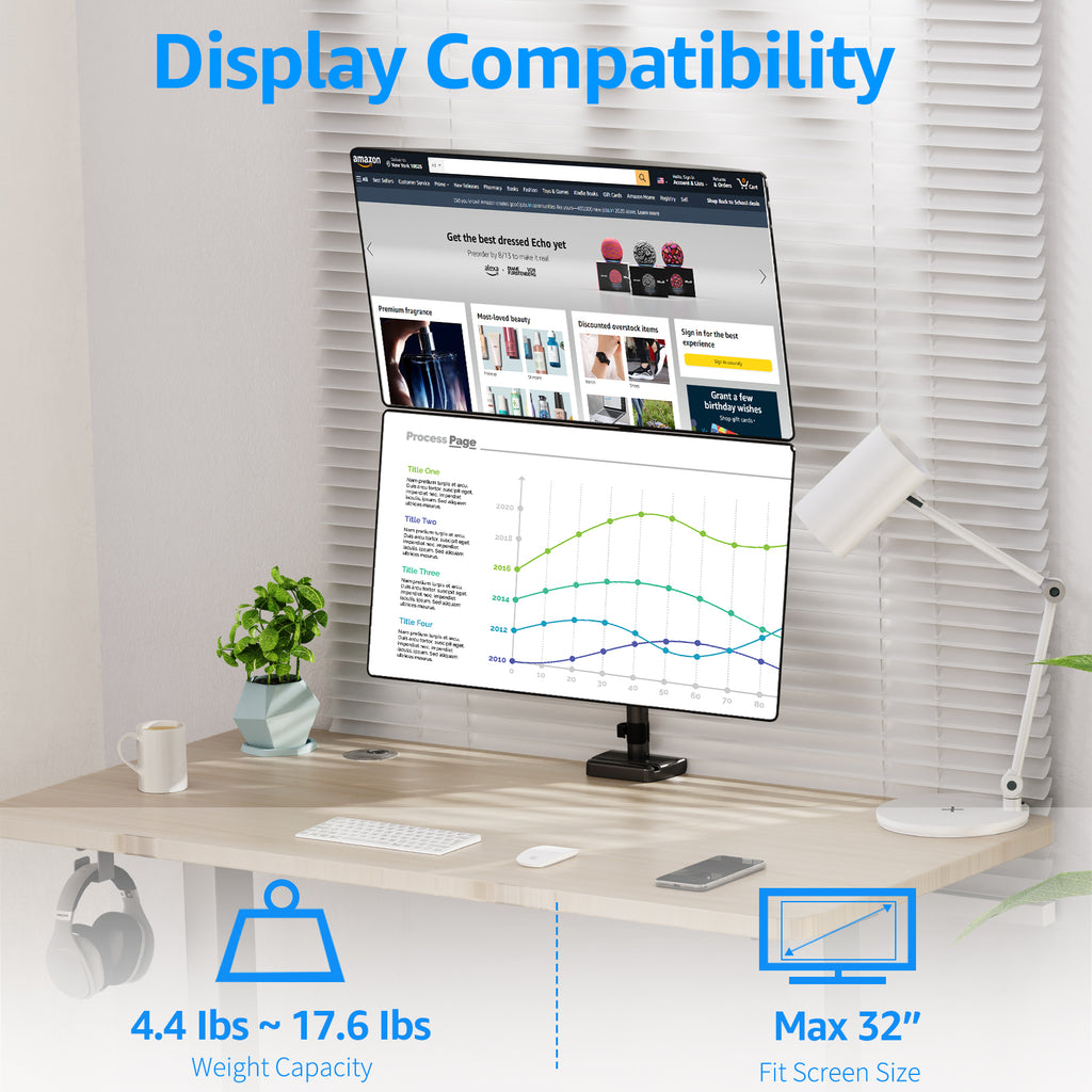 HOMOUNT Vertical Dual Monitor Mount Holds 4.4-17.6lbs, up to 32 Inch Stacked Monitor Mount with Gas Spring Arm, Dual Monitor Stand for Desk