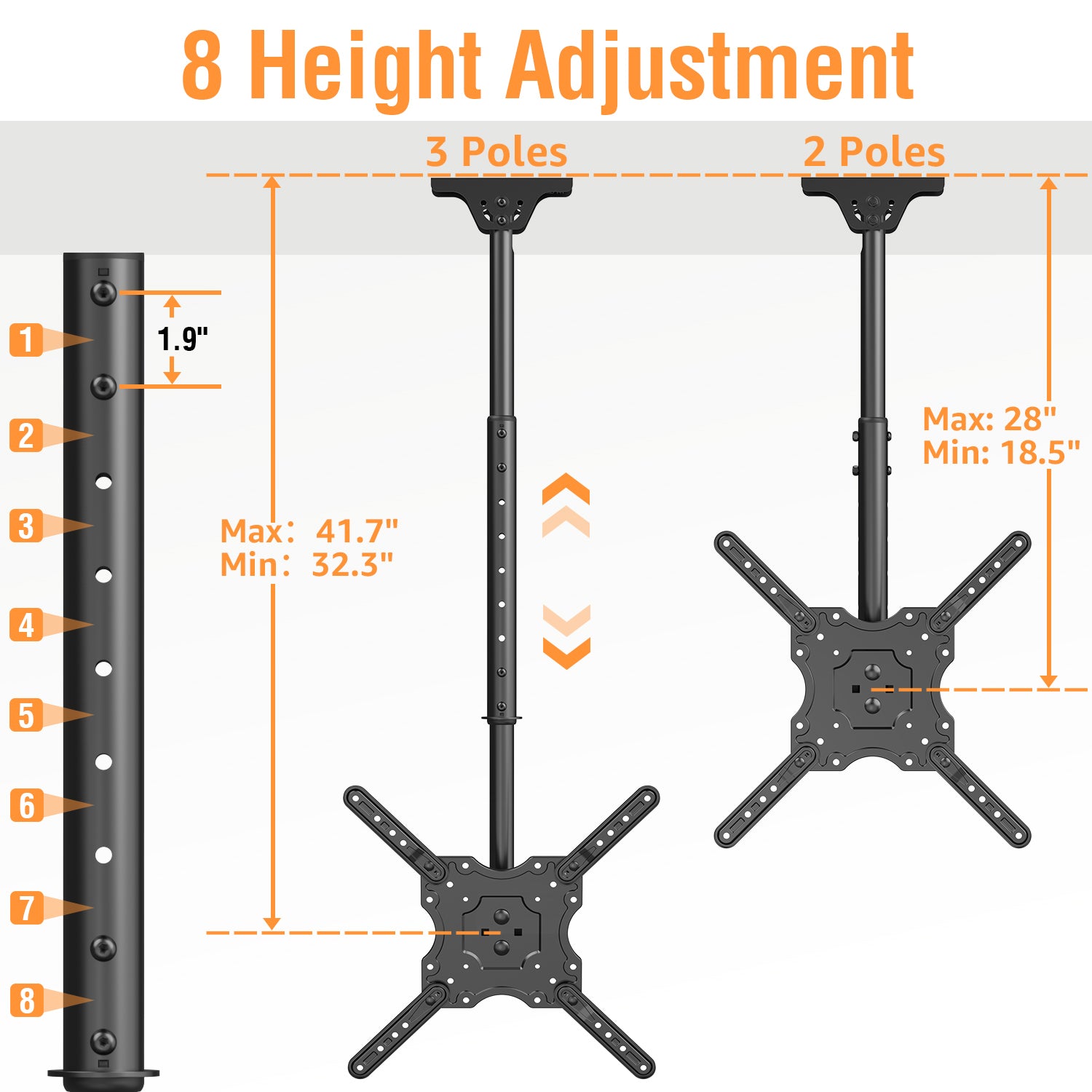 HOMOUNT Ceiling TV Mount for 26"-65" TVs, Full Motion 8 Height Adjustable TV Wall Mount Bracket, Swivel and Tilt, Max VESA 400x400mm, Holds up to 99 lbs