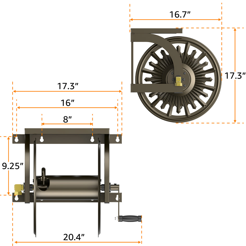 Outlandpro Wall Mounted Garden Hose Reel, Holds 200 ft 5/8-inch Manual Water Hose Winder, Heavy-Duty Steel