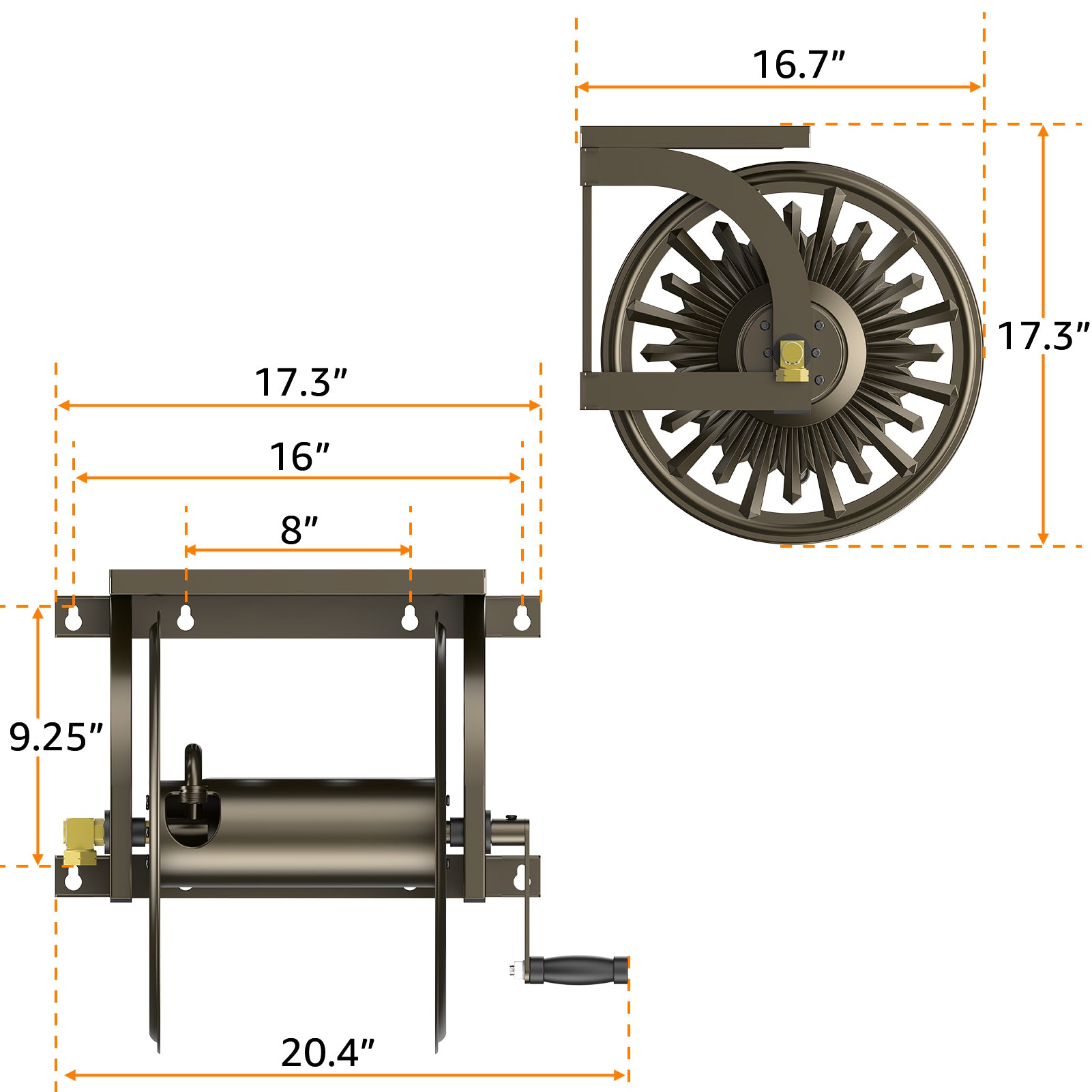 Outlandpro Wall Mounted Garden Hose Reel, Holds 200 ft 5/8-inch Manual Water Hose Winder, Heavy-Duty Steel