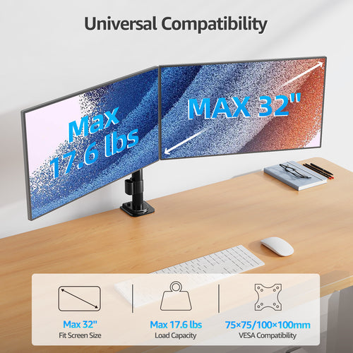 HOMOUNT Dual Monitor Desk Mount for Max 32 Inch, Adjustable Dual Monitor Arm for 2 LCD Screens, Monitor Stand with C-Clamp and Grommet Base, VESA 75x75 /100x100mm, up to 17.6lbs