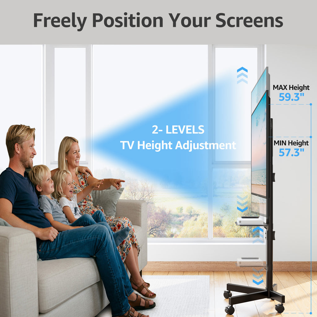 HOMOUNT Mobile TV Stand,Rolling TV Cart for 24-60" TVs, Portable TV Floor Stand with Wheels,Adjustable Shelf & Tilt,Max VESA 400x400mm,up to 77 lbs