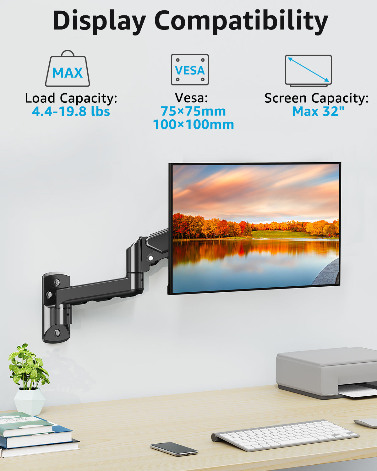 HOMOUNT Single Monitor Wall Mount for 17-32 Inch Computer Screen,Gas Spring Monitor Arm Holds Up to 17.6lbs,Full Motion Adjustable Wall Bracket