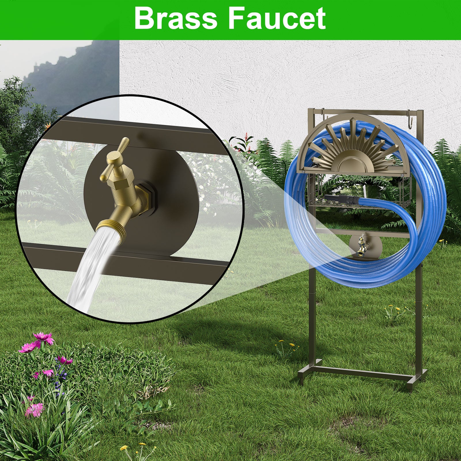 Outlandpro Bronze 150Ft Garden Hose Holder, Freestanding, Sturdy Metal with Storage Basket