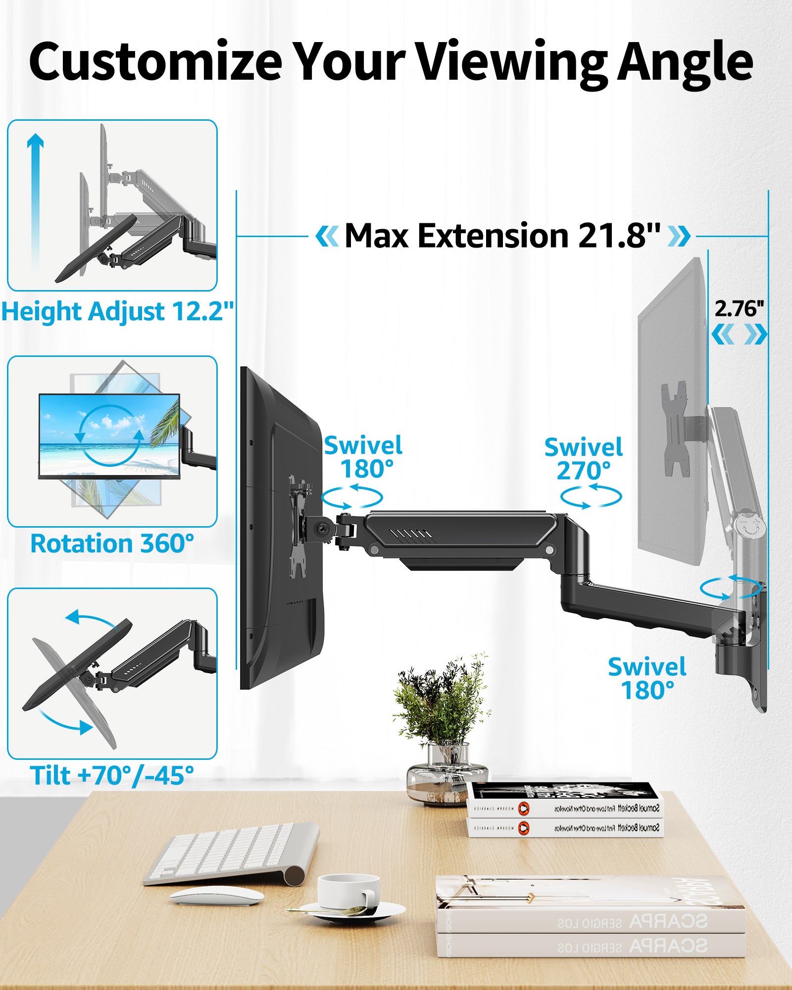 HOMOUNT Single Monitor Wall Mount for 17-32 Inch Computer Screen,Gas Spring Monitor Arm Holds Up to 17.6lbs,Full Motion Adjustable Wall Bracket