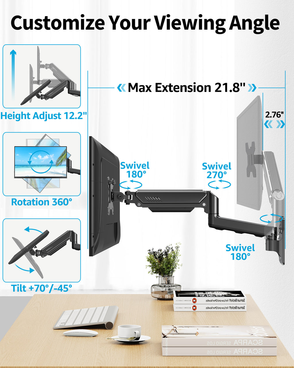 HOMOUNT Single Monitor Wall Mount for 17-32 Inch Computer Screen,Gas Spring Monitor Arm Holds Up to 17.6lbs,Full Motion Adjustable Wall Bracket