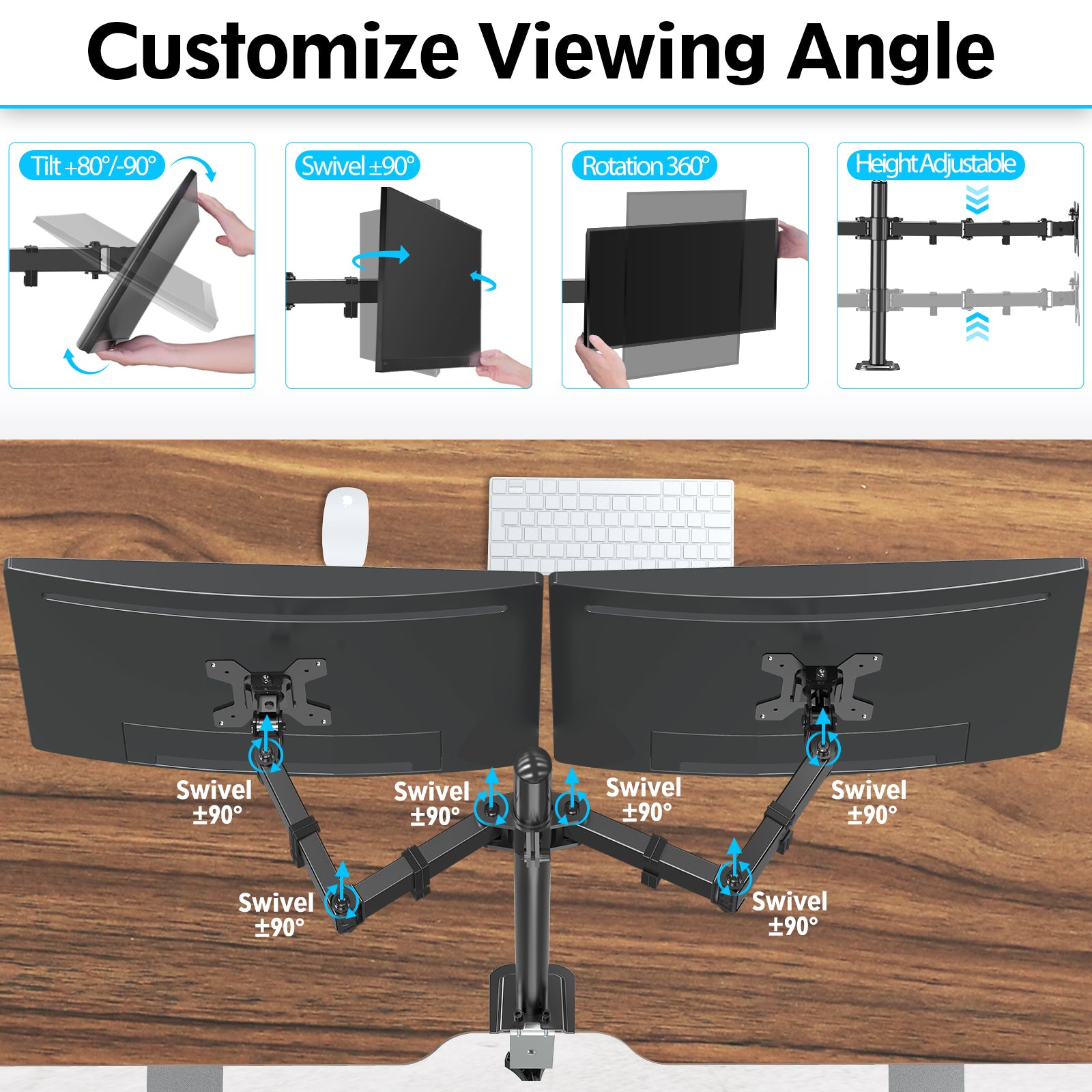 HOMOUNT Dual Monitor Desk Mount for Max 32 Inch, Adjustable Dual Monitor Arm for 2 LCD Screens, Monitor Stand with C-Clamp and Grommet Base, VESA 75x75 /100x100mm, up to 17.6lbs