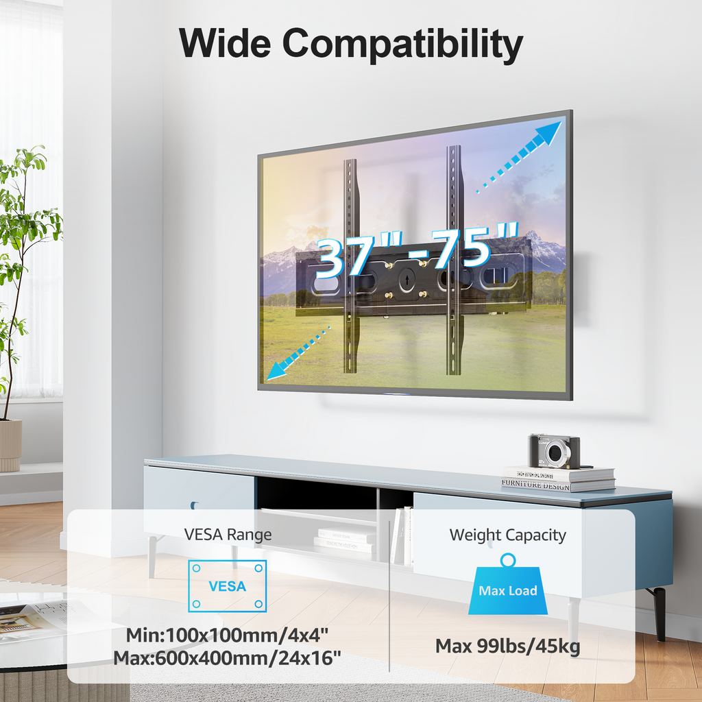 HOMOUNT Full Motion TV Wall Mount for 32-85 Inch TVs, Holds up to 99lbs, Wall Mount Bracket Max VESA 600x400mm, Fit 12" 16" Wood Stud