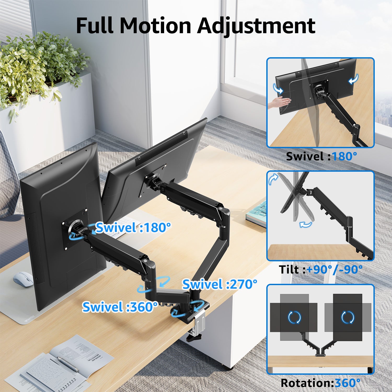 HOMOUNT Dual Monitor Mount for 13-32 inch Screens, Gas Spring Monitor Stand for 2 Monitor, Full Adjustable Monitors Desk Mount with C-Clamp＆Grommet Base, Each Arm Holds Max 22 lbs