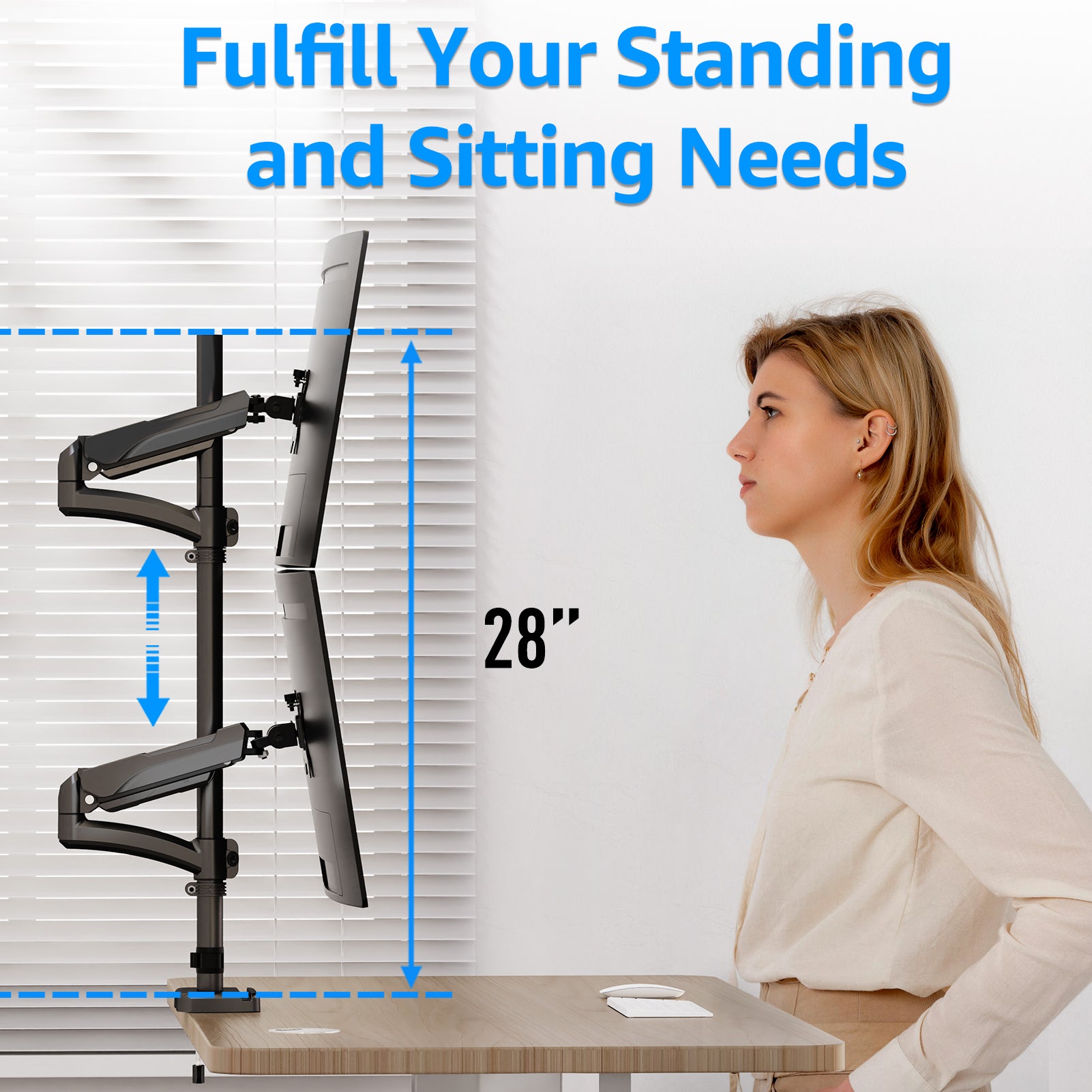 HOMOUNT Vertical Dual Monitor Mount Holds 4.4-17.6lbs, up to 32 Inch Stacked Monitor Mount with Gas Spring Arm, Dual Monitor Stand for Desk