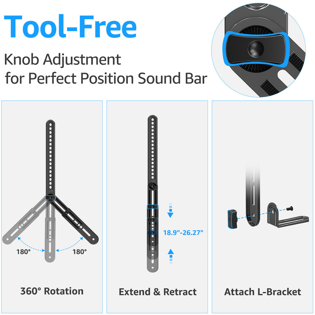 HOMOUNT Soundbar Mount, Sound Bar TV Bracket, for Mounting Above or Under TV, Fits Most Sound Bars Up to 15 Lbs, Tool-Free Knob Adjustable, with Extension Arms and L-Brackets