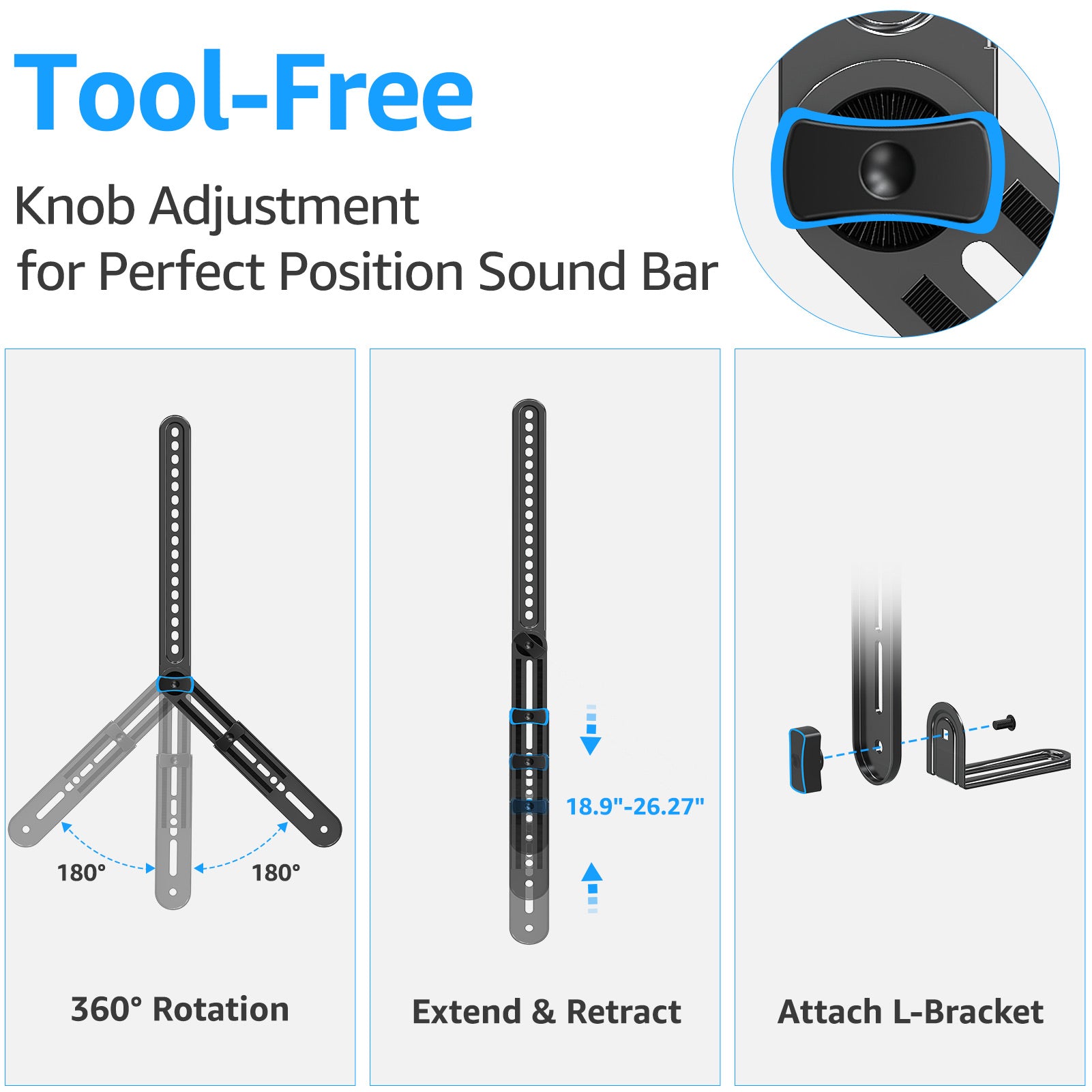 HOMOUNT Soundbar Mount, Sound Bar TV Bracket, for Mounting Above or Under TV, Fits Most Sound Bars Up to 15 Lbs, Tool-Free Knob Adjustable, with Extension Arms and L-Brackets