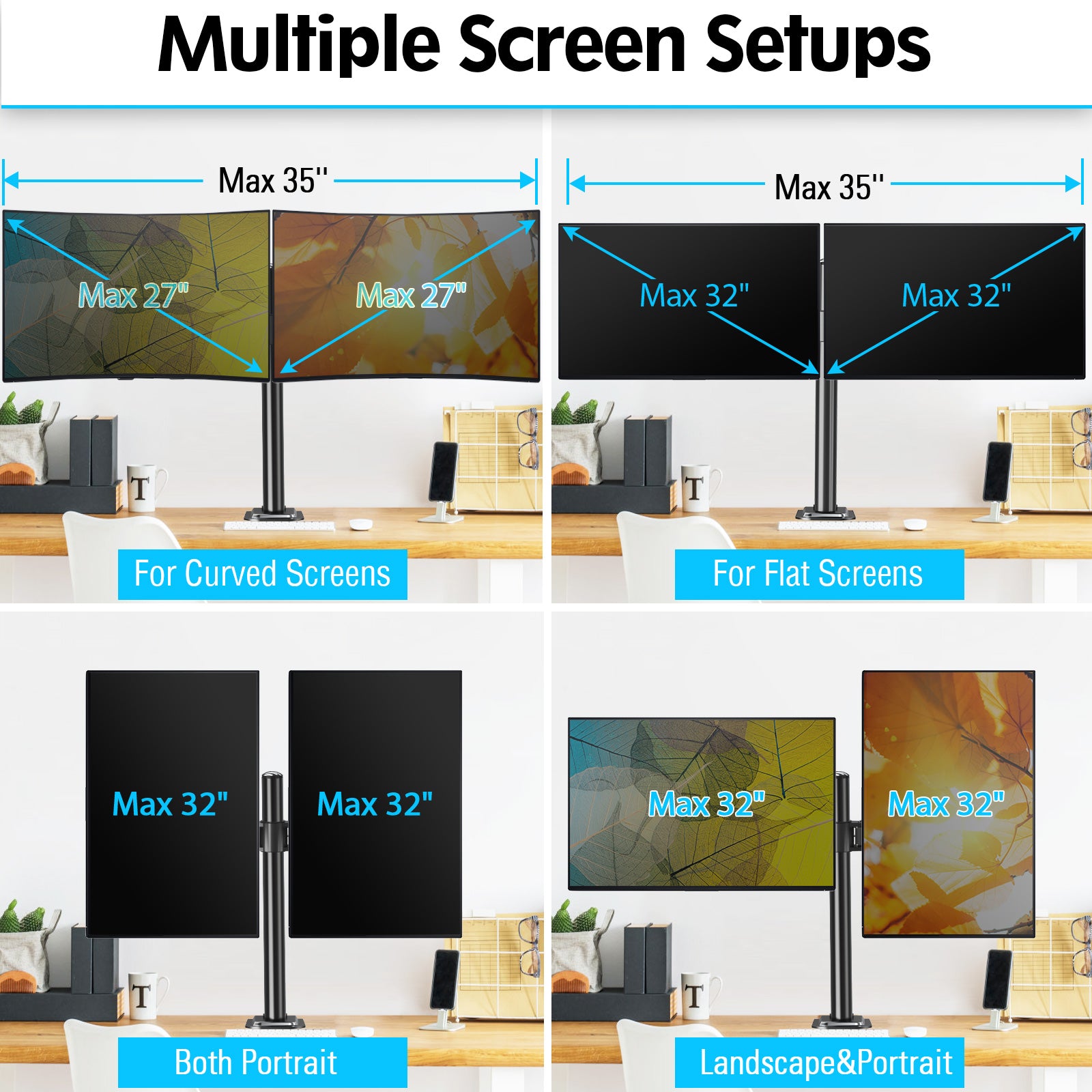 HOMOUNT Dual Monitor Desk Mount for Max 32 Inch, Adjustable Dual Monitor Arm for 2 LCD Screens, Monitor Stand with C-Clamp and Grommet Base, VESA 75x75 /100x100mm, up to 17.6lbs