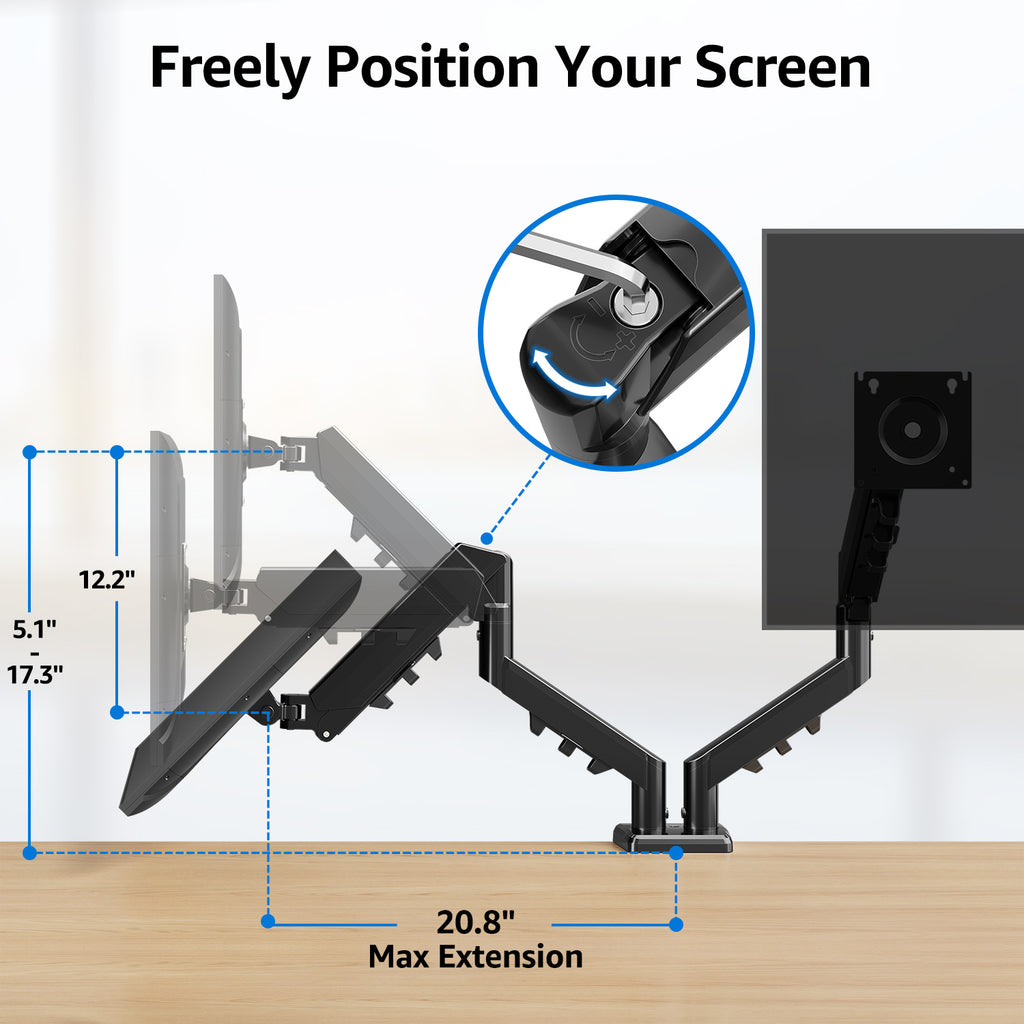 HOMOUNT Dual Monitor Mount for 13-32 inch Screens, Gas Spring Monitor Stand for 2 Monitor, Full Adjustable Monitors Desk Mount with C-Clamp＆Grommet Base, Each Arm Holds Max 22 lbs