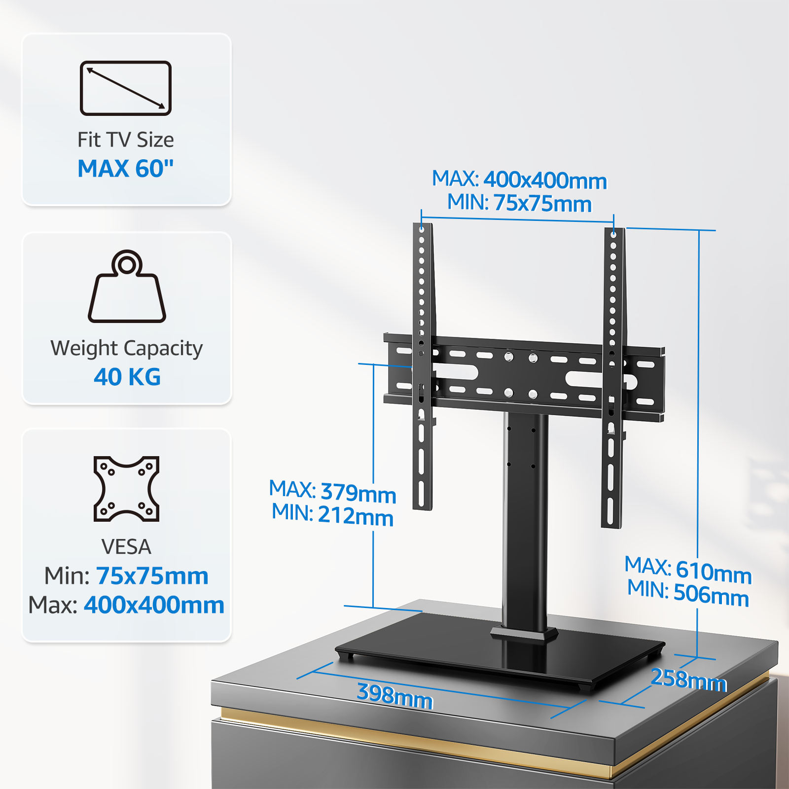 HOMOUNT Universal Tabletop TV Stand for 24-60 inch TVs, Height Adjustable TV Mount Stand with Tempered Glass Base, Max 400x400mm, Holds up to 88 lbs