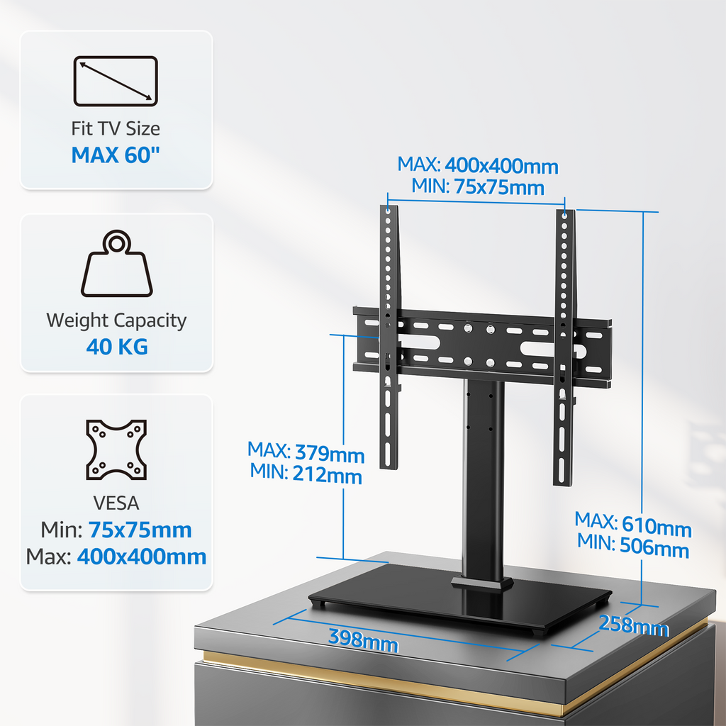 HOMOUNT Universal Tabletop TV Stand for 24-60 inch TVs, Height Adjustable TV Mount Stand with Tempered Glass Base, Max 400x400mm, Holds up to 88 lbs