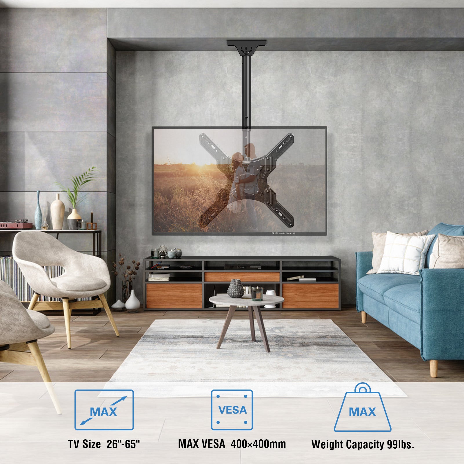HOMOUNT Ceiling TV Mount for 26-65" TVs, Full Motion 6 Height Adjustable TV Wall Mount Bracket, Swivel and Tilt, Max VESA 400x400mm, Holds up to 99 lbs