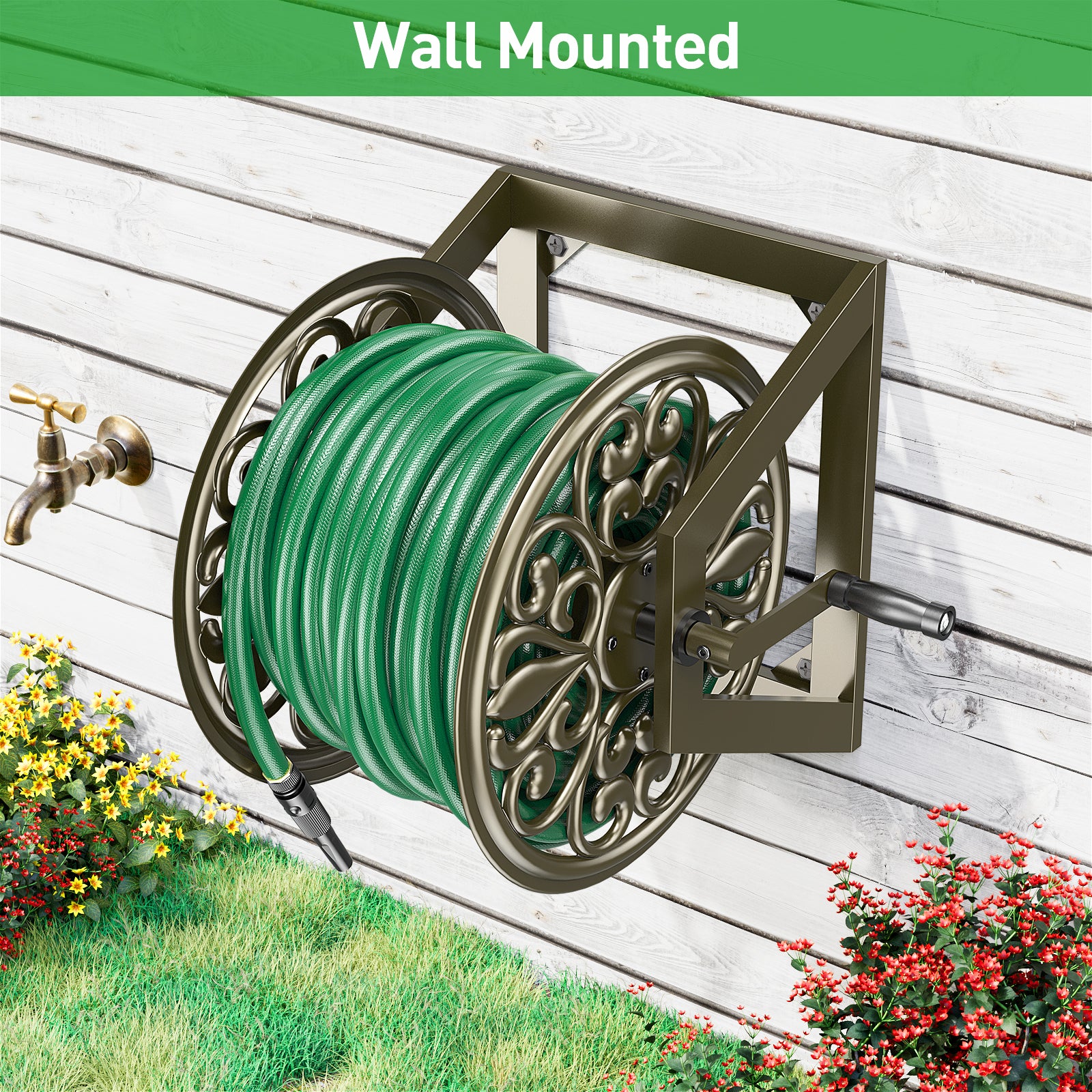Outlandpro Garden Wall/Floor Mount Hose Reel, Decorative Hose Reel Holds 200-Feet of 5/8-Inch Hose