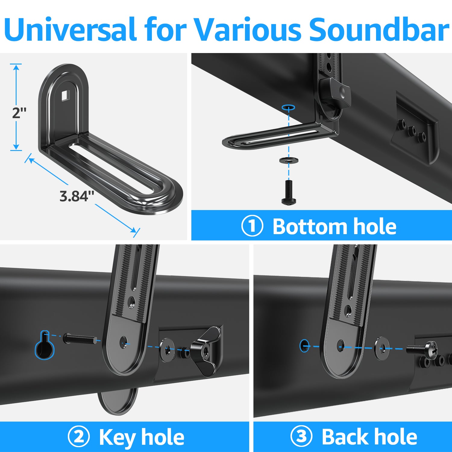 HOMOUNT Soundbar Mount, Sound Bar TV Bracket, for Mounting Above or Under TV, Fits Most Sound Bars Up to 15 Lbs, Tool-Free Knob Adjustable, with Extension Arms and L-Brackets