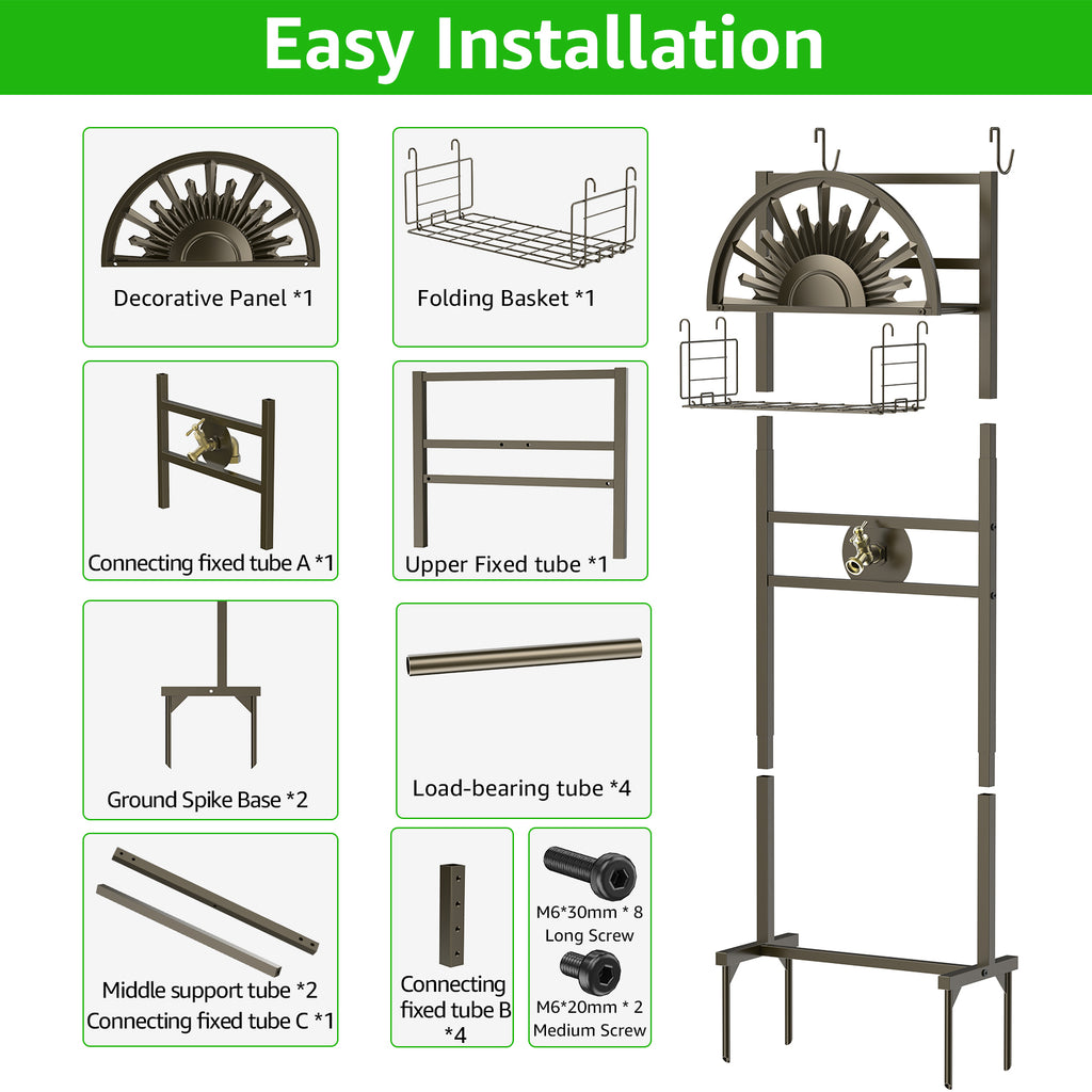 Outlandpro Bronze 150Ft Garden Hose Holder, Freestanding, Sturdy Metal with Storage Basket