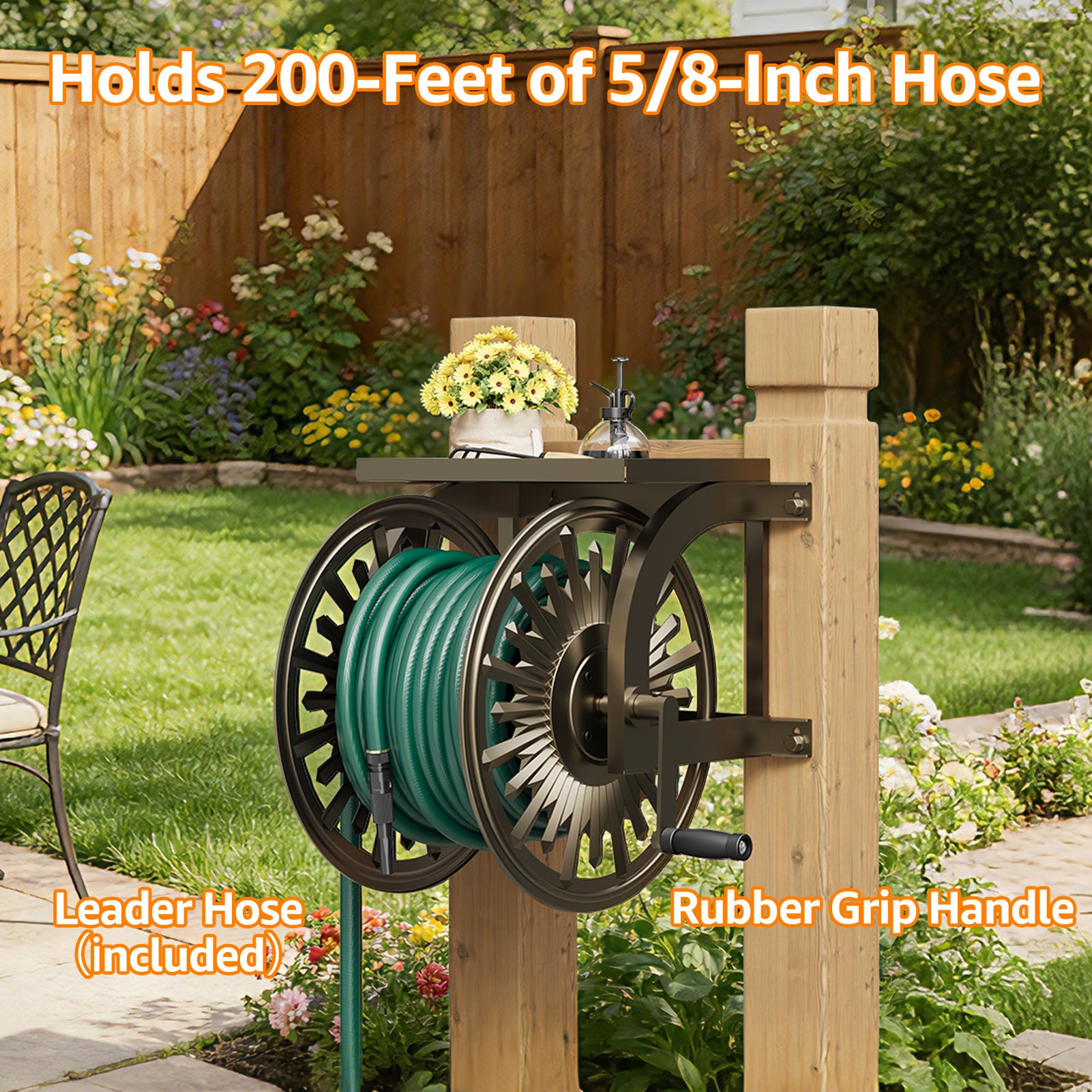 Outlandpro Wall Mounted Garden Hose Reel, Holds 200 ft 5/8-inch Manual Water Hose Winder, Heavy-Duty Steel