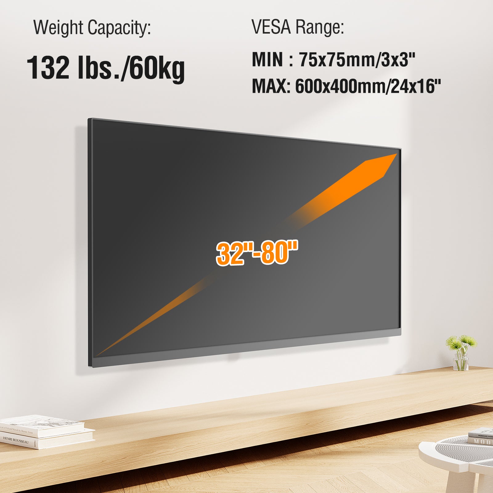 HOMOUNT Full Motion TV Wall Mount for Most 42-82 inch TVs, Wall Mount Bracket with Articulating Swivel and Tilt Fits 16" Stud, TV Mount Max VESA 600x400mm, Holds up to 100lbs