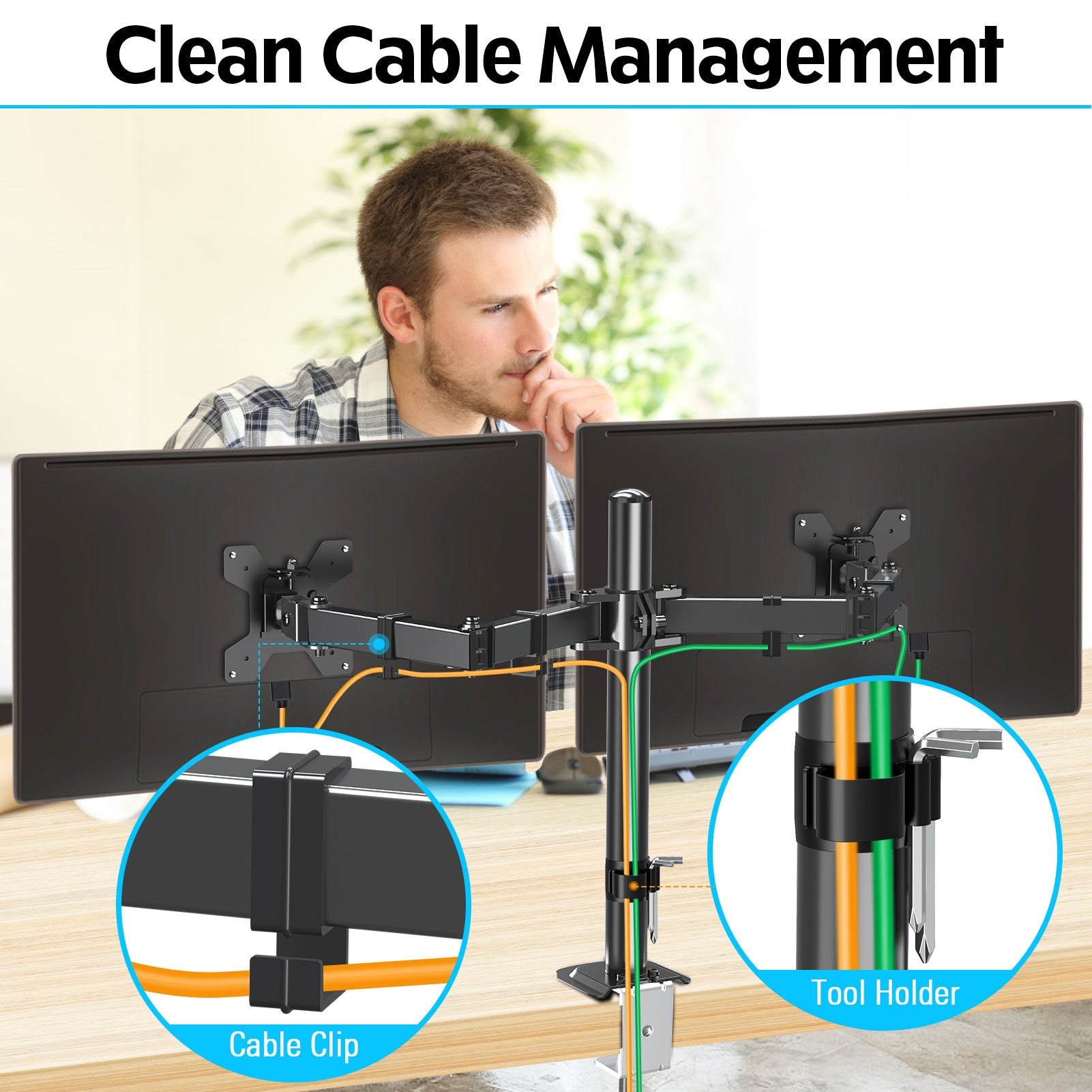 HOMOUNT Dual Monitor Desk Mount for Max 32 Inch, Adjustable Dual Monitor Arm for 2 LCD Screens, Monitor Stand with C-Clamp and Grommet Base, VESA 75x75 /100x100mm, up to 17.6lbs