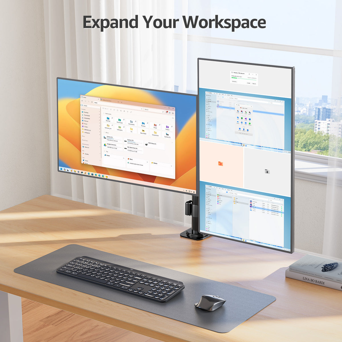 HOMOUNT Dual Monitor Desk Mount for Max 32 Inch, Adjustable Dual Monitor Arm for 2 LCD Screens, Monitor Stand with C-Clamp and Grommet Base, VESA 75x75 /100x100mm, up to 17.6lbs