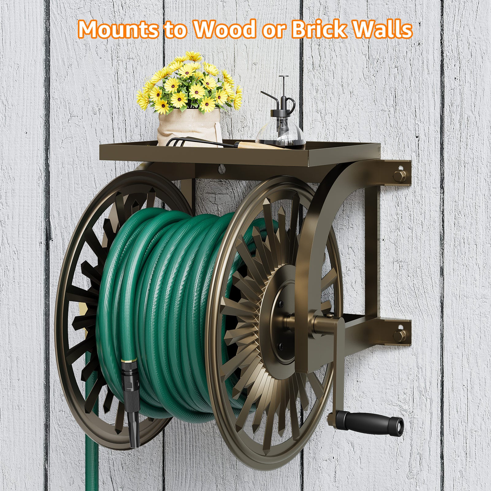 Outlandpro Wall Mounted Garden Hose Reel, Holds 200 ft 5/8-inch Manual Water Hose Winder, Heavy-Duty Steel