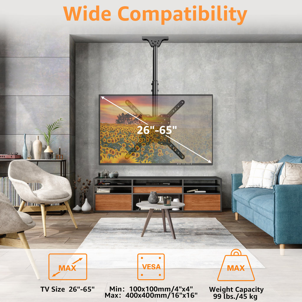 HOMOUNT Ceiling TV Mount for 26"-65" TVs, Full Motion 8 Height Adjustable TV Wall Mount Bracket, Swivel and Tilt, Max VESA 400x400mm, Holds up to 99 lbs