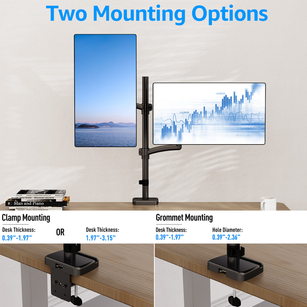 HOMOUNT Vertical Dual Monitor Mount Holds 4.4-17.6lbs, up to 32 Inch Stacked Monitor Mount with Gas Spring Arm, Dual Monitor Stand for Desk