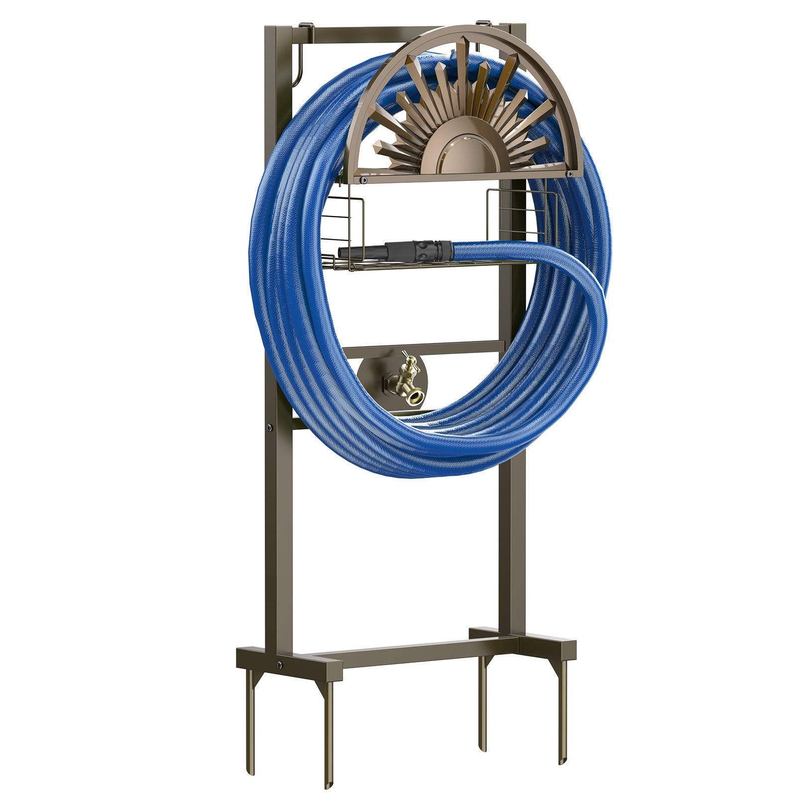 Outlandpro Bronze 150Ft Garden Hose Holder, Freestanding, Sturdy Metal with Storage Basket