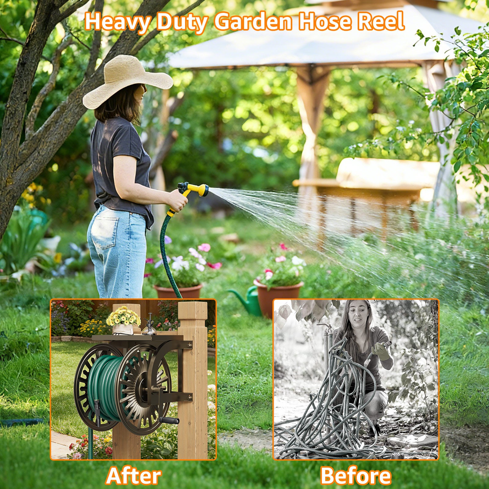 Outlandpro Wall Mounted Garden Hose Reel, Holds 200 ft 5/8-inch Manual Water Hose Winder, Heavy-Duty Steel