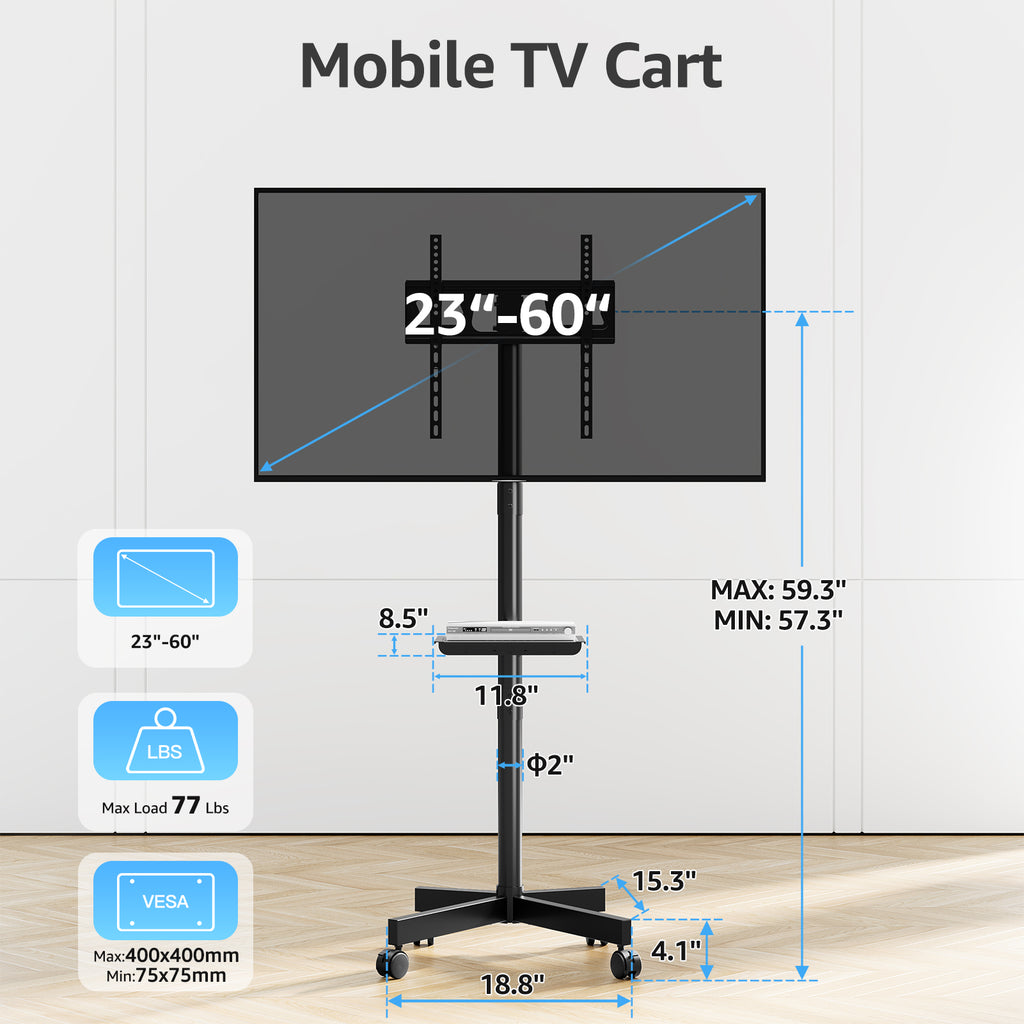 HOMOUNT Mobile TV Stand,Rolling TV Cart for 24-60" TVs, Portable TV Floor Stand with Wheels,Adjustable Shelf & Tilt,Max VESA 400x400mm,up to 77 lbs