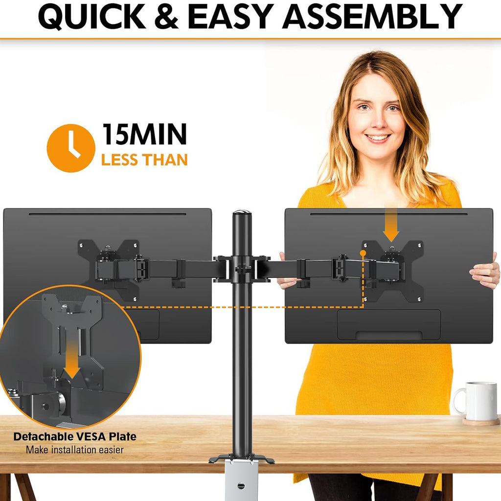 HOMOUNT Dual Monitor Desk Mount for Max 32 Inch, Adjustable Dual Monitor Arm for 2 LCD Screens, Monitor Stand with C-Clamp and Grommet Base, VESA 75x75 /100x100mm, up to 17.6lbs