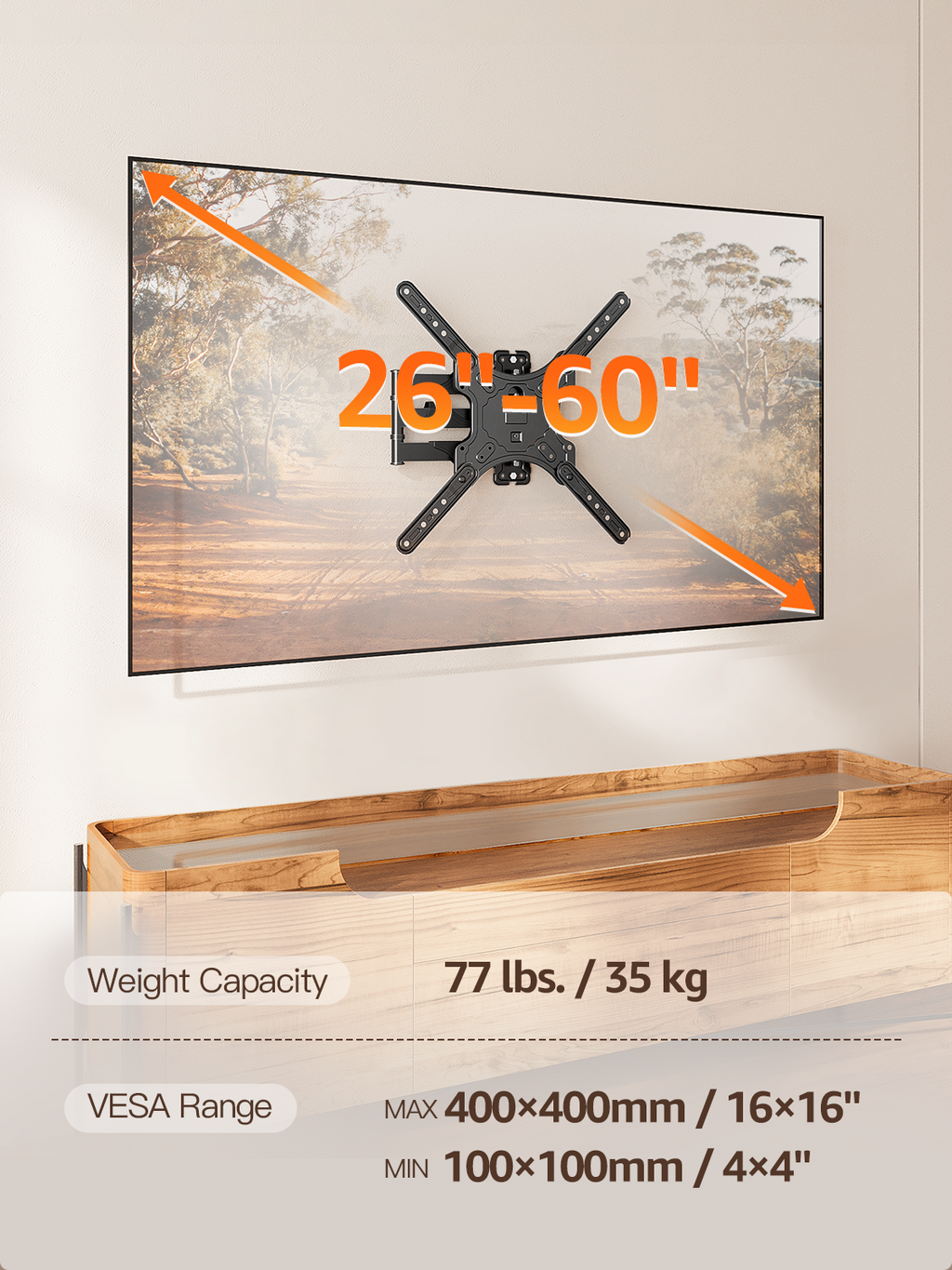 HOMOUNT Full Motion TV Wall Mount for Most 26-60 Inch TVs, Swivel and Tilt TV Mount with Single Stud, Wall Mount Bracket Max VESA 400x400mm, 77 lbs