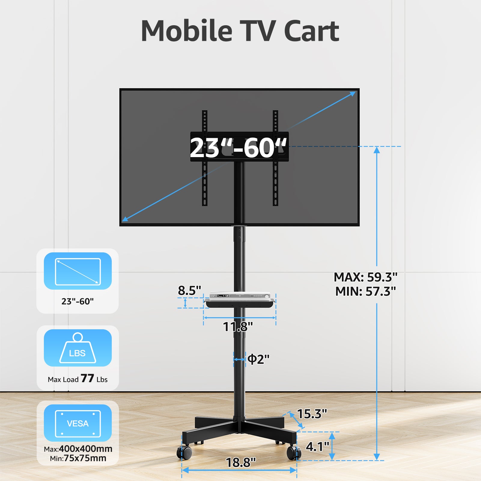 HOMOUNT Mobile TV Stand,Rolling TV Cart for 23-60" TVs, Portable TV Floor Stand with Wheels,Adjustable Shelf & Tilt,Max VESA 400x400mm,up to 77 lbs