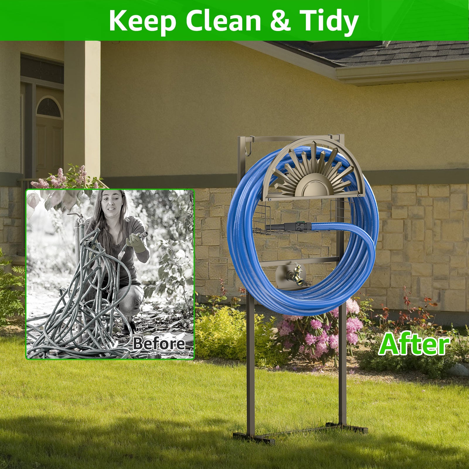 Outlandpro Bronze 150Ft Garden Hose Holder, Freestanding, Sturdy Metal with Storage Basket