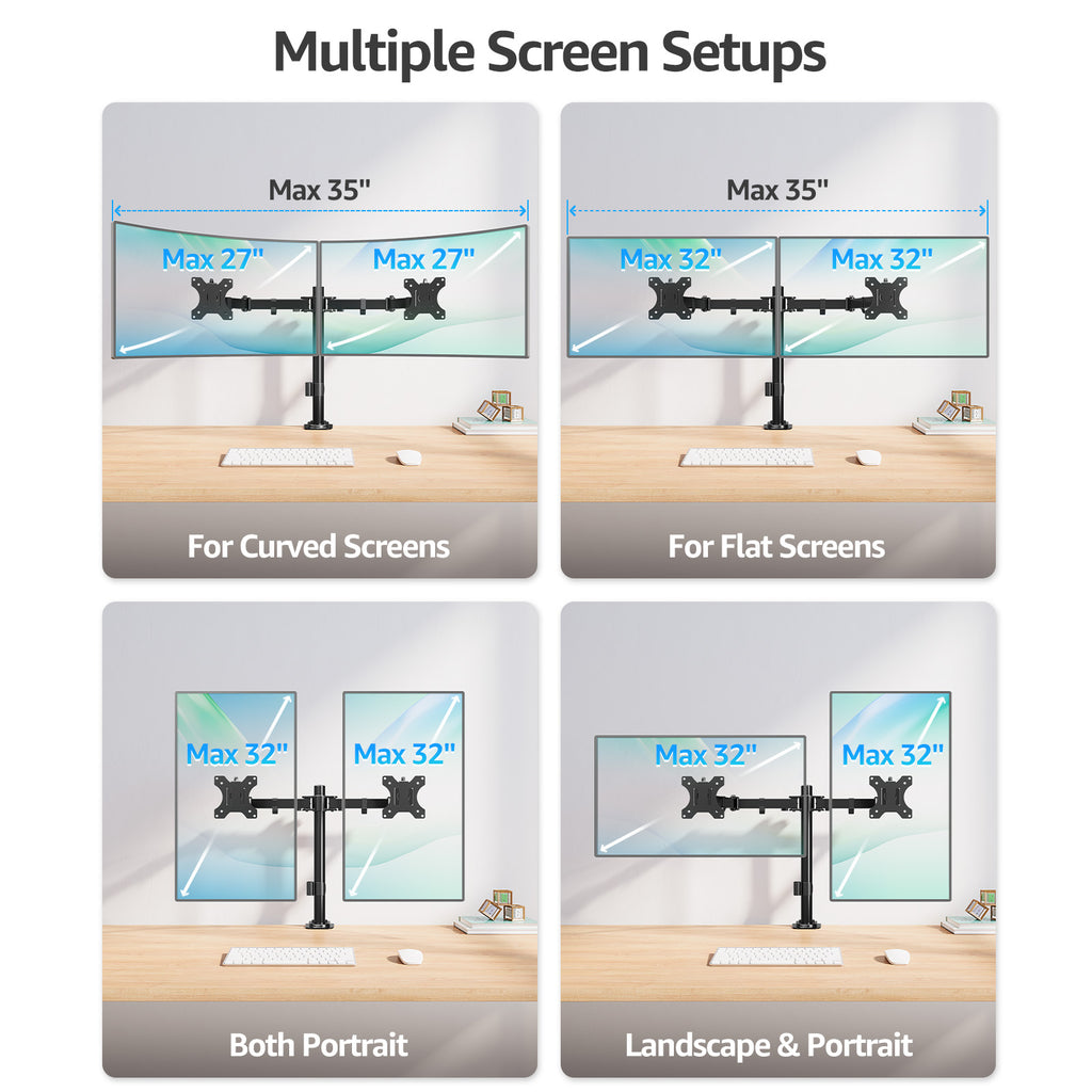 HOMOUNT Dual Monitor Desk Mount for Max 32 Inch, Adjustable Dual Monitor Arm for 2 LCD Screens, Monitor Stand with C-Clamp and Grommet Base, VESA 75x75 /100x100mm, up to 17.6lbs