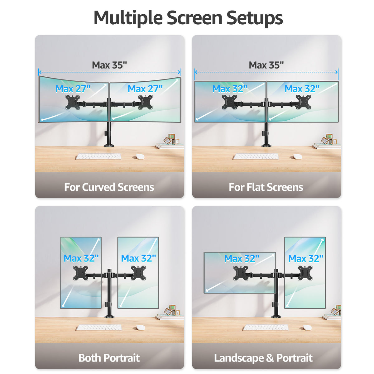 HOMOUNT Dual Monitor Desk Mount for Max 32 Inch, Adjustable Dual Monitor Arm for 2 LCD Screens, Monitor Stand with C-Clamp and Grommet Base, VESA 75x75 /100x100mm, up to 17.6lbs