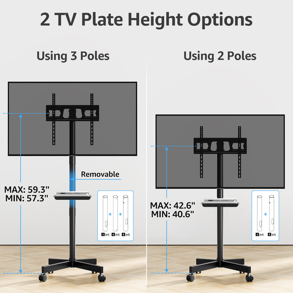 HOMOUNT Mobile TV Stand,Rolling TV Cart for 23-60" TVs, Portable TV Floor Stand with Wheels,Adjustable Shelf & Tilt,Max VESA 400x400mm,up to 77 lbs