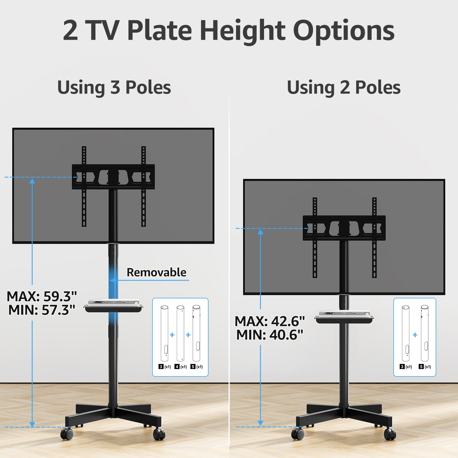 HOMOUNT Mobile TV Stand,Rolling TV Cart for 23-60" TVs, Portable TV Floor Stand with Wheels,Adjustable Shelf & Tilt,Max VESA 400x400mm,up to 77 lbs