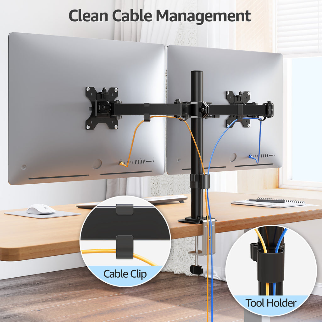 HOMOUNT Dual Monitor Desk Mount for Max 32 Inch, Adjustable Dual Monitor Arm for 2 LCD Screens, Monitor Stand with C-Clamp and Grommet Base, VESA 75x75 /100x100mm, up to 17.6lbs