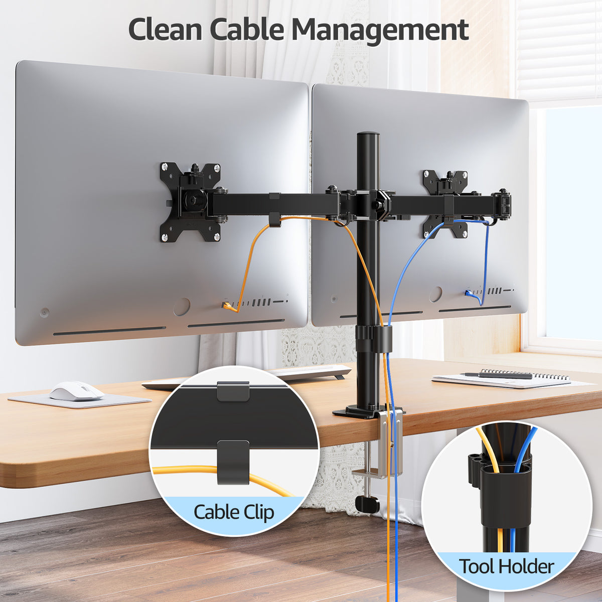 HOMOUNT Dual Monitor Desk Mount for Max 32 Inch, Adjustable Dual Monitor Arm for 2 LCD Screens, Monitor Stand with C-Clamp and Grommet Base, VESA 75x75 /100x100mm, up to 17.6lbs